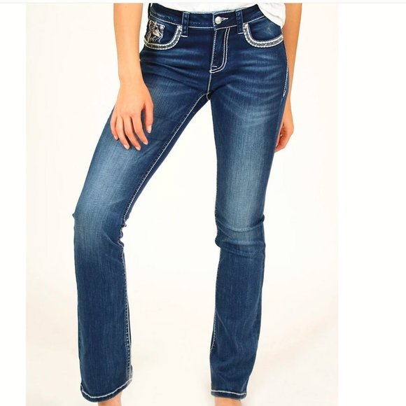 Grace In LA NEW Embellished Jewel Stud Bead Mesh Slim Bootcut Jeans Denim Womens - Picture 1 of 16